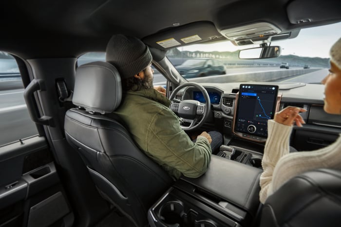 An interior of a BlueCruise-equipped vehicle with a driver and a passenger.
