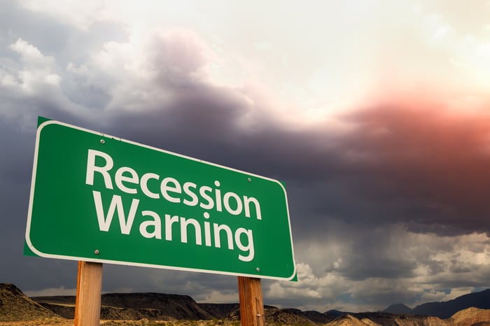 Road sign that says "recession warning."