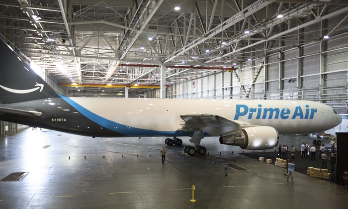 Amazon Prime plane in warehouse.