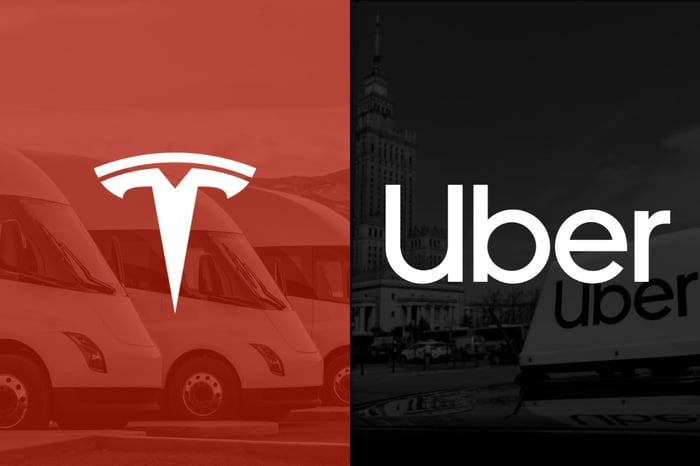 A side-by-side image of Tesla's and Uber's logos.