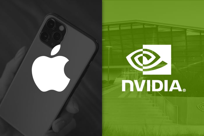 The Apple and Nvidia logos on a black and green background,