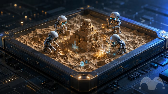 An illustration of four robots building a sand castle inside a computer chip.