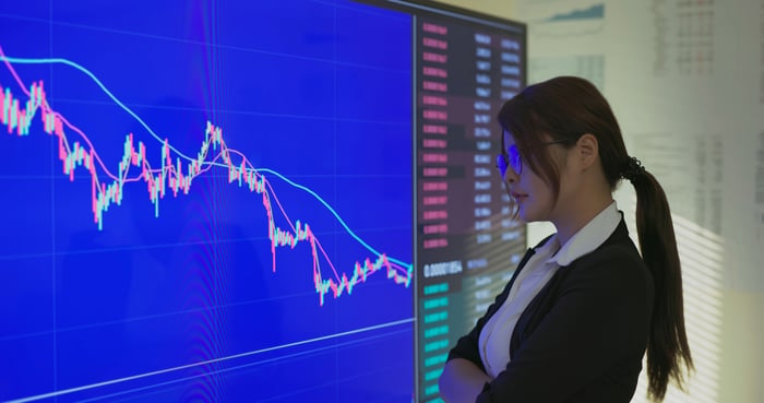 An investor watches Asian stock market results.