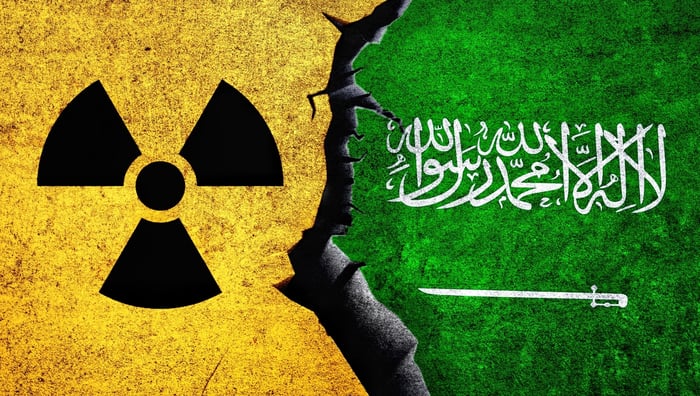 A radiation warning symbol next to the flag of Saudi Arabia.