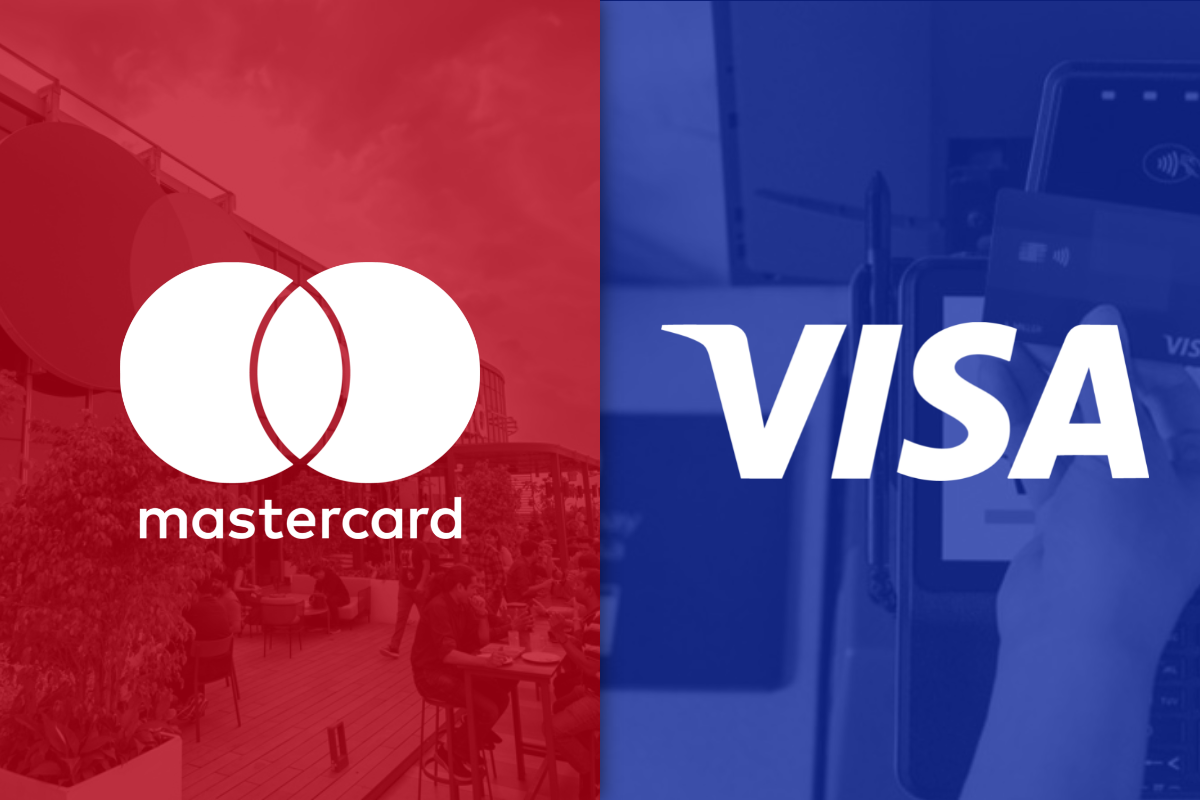 Mastercard logo on left on red filter and Visa logo on right on blue filter_The Motley Fool