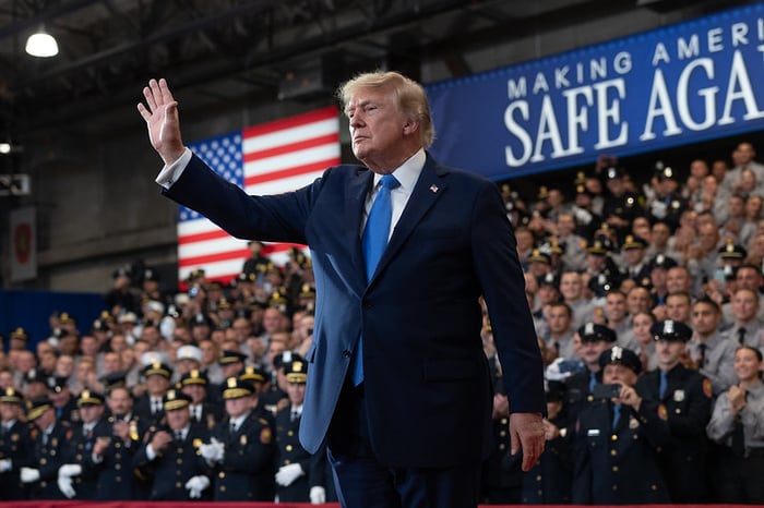 President Donald J. Trump delivers remarks in front of a crowd.