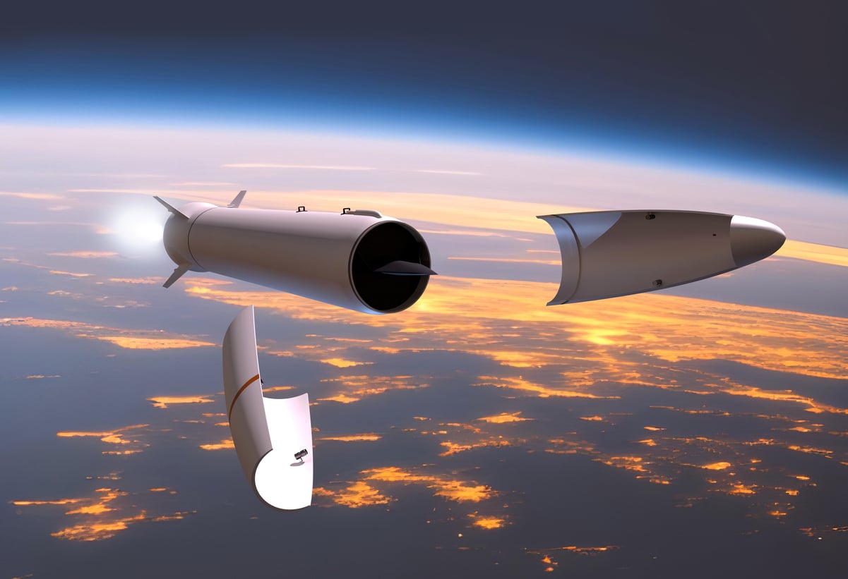 Rocket in upper atmosphere breaks apart to reveal hypersonic missile within.