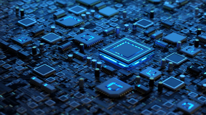 Semiconductor chips on a circuit board. 