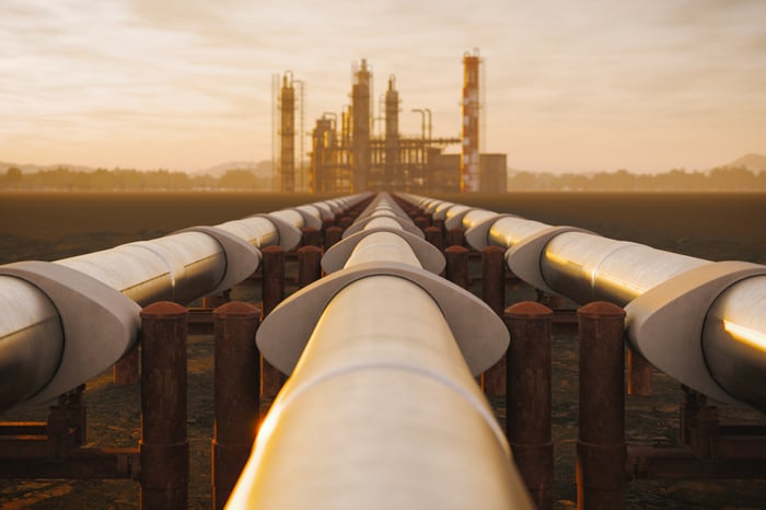 Pipelines running toward a processing facility.