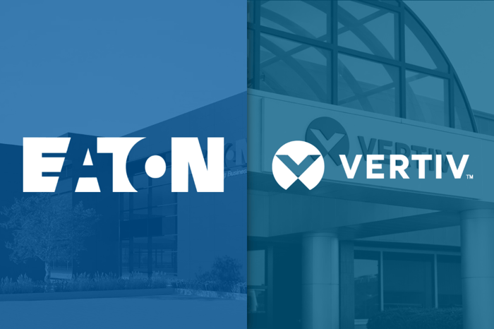 A side-by-side featuring the logos for Eaton and Vertiv. 