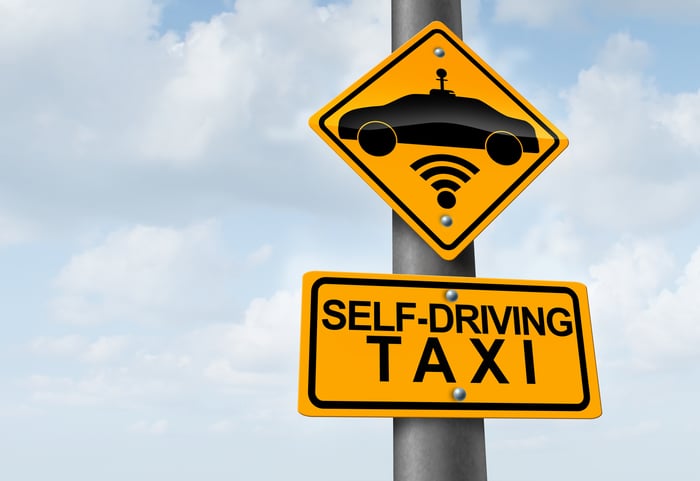 Street sign depicting a self-driving car.