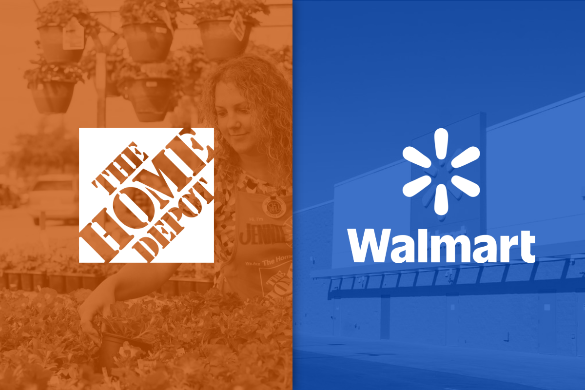 Home Depot logo on orange filter on left and Walmart logo on blue filter on right_ The Motley Fool