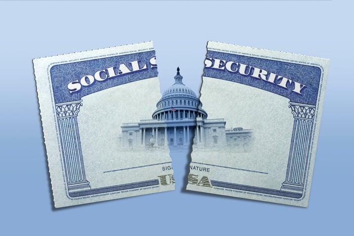 Ripped Social Security card with the U.S. Capitol building in the middle.
