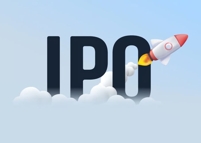 "IPO" written in sky with a rocket flying through it.