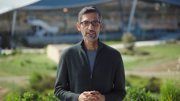 Alphabet CEO Sundar Pichai standing in front of Google headquarters.