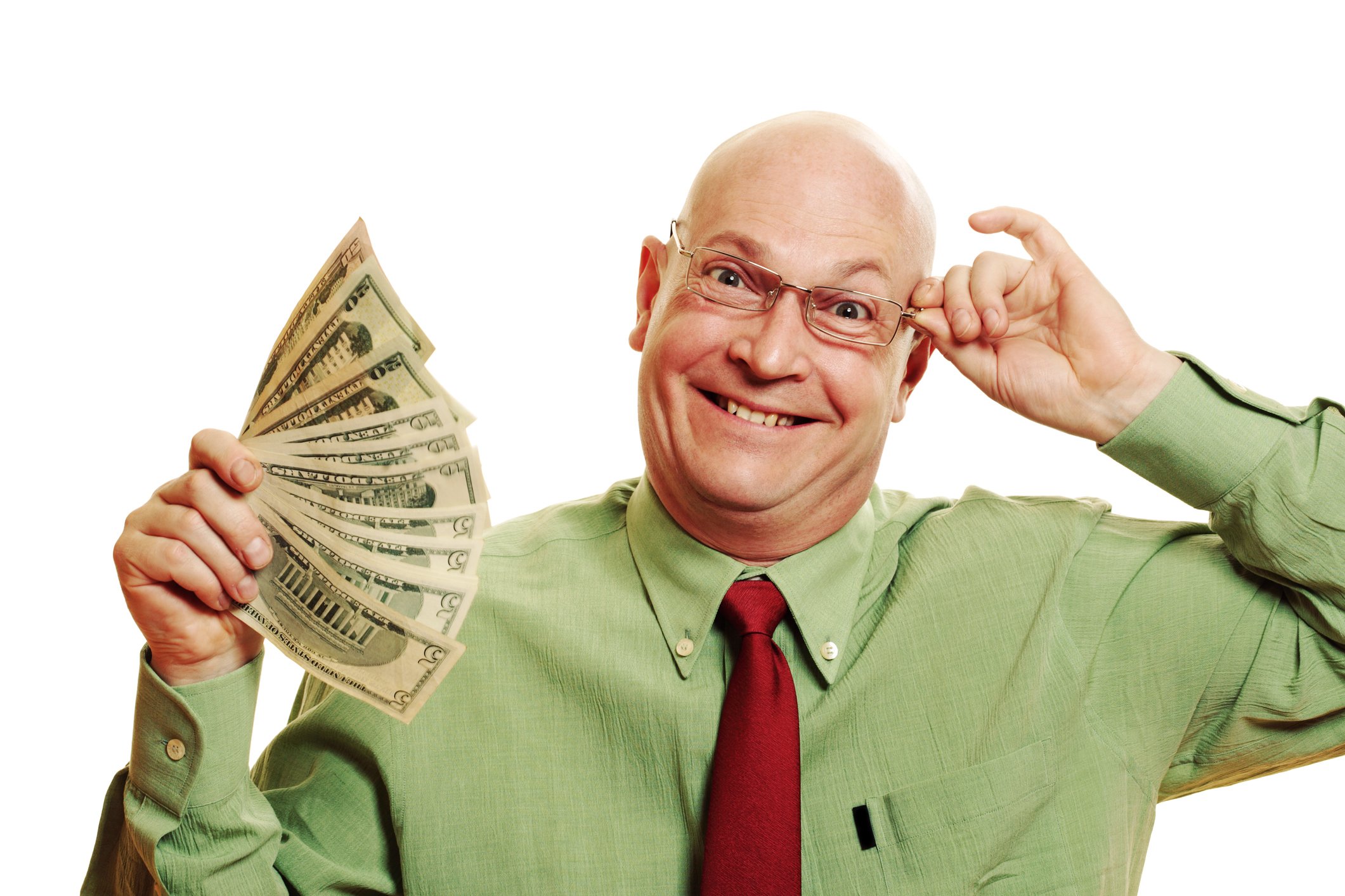 bald but happy person with lots of cash