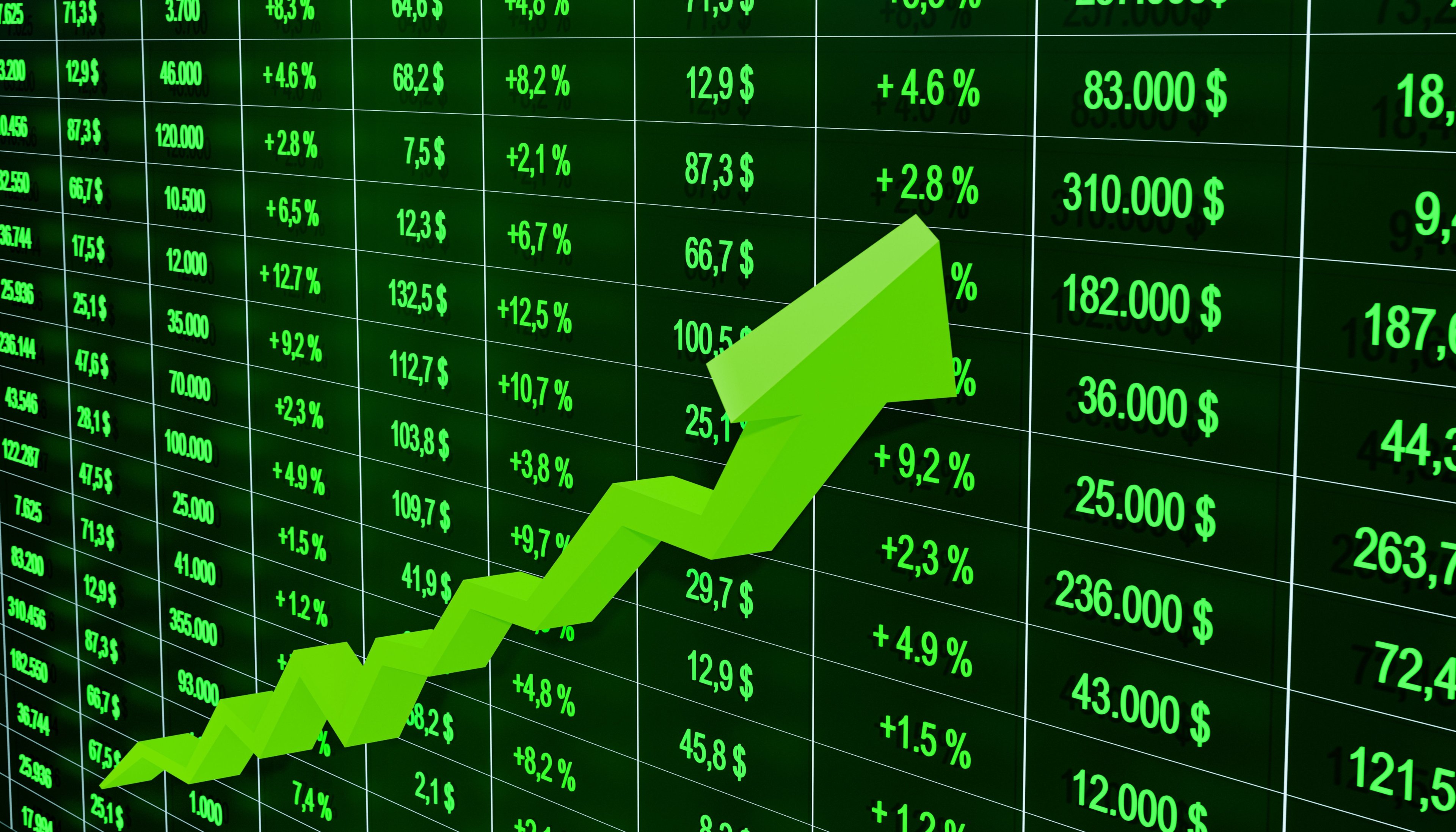 An arrow moving up over positive stock ticker numbers