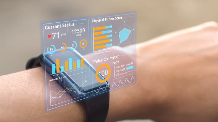 close-up of wearable device on wrist showing a computerized screen of health metrics including heartrate and fitness score.