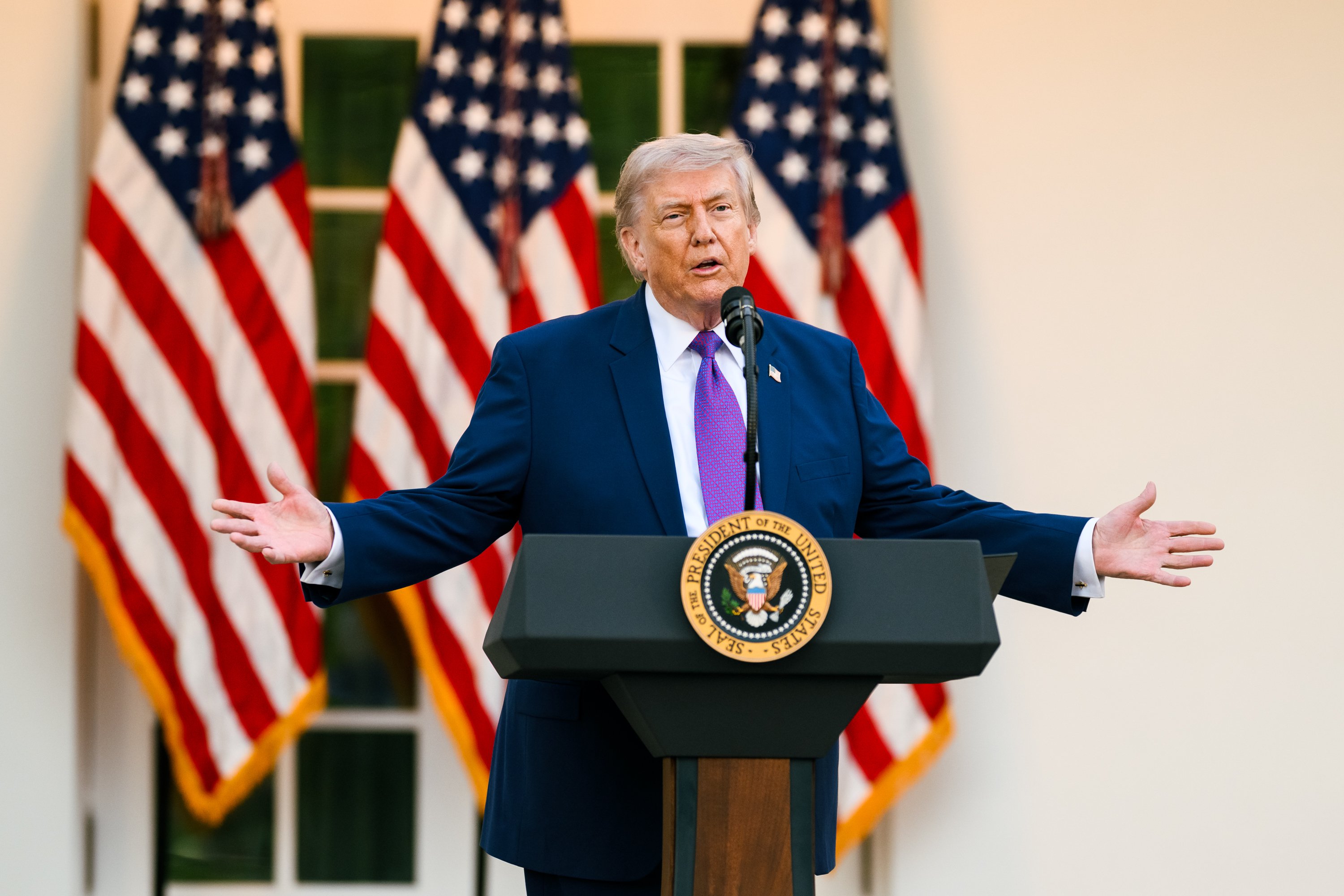 Donald Trump delivering a speech from the White House Rose Garden.