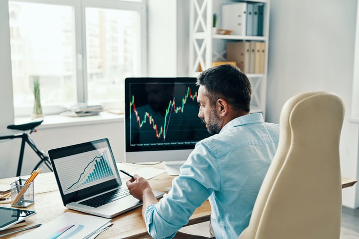 An investor is looking at rising stock charts. 
