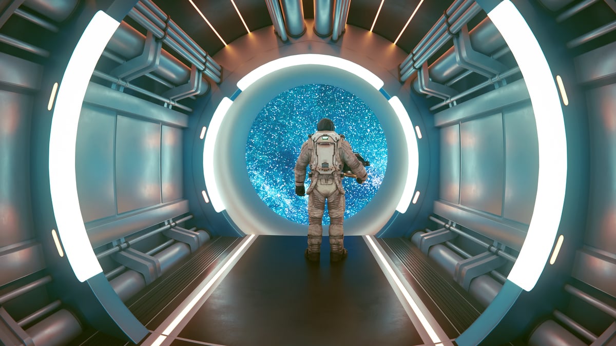 Astronaut standing in front of a spaceship