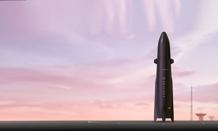 A rocket on a launchpad.