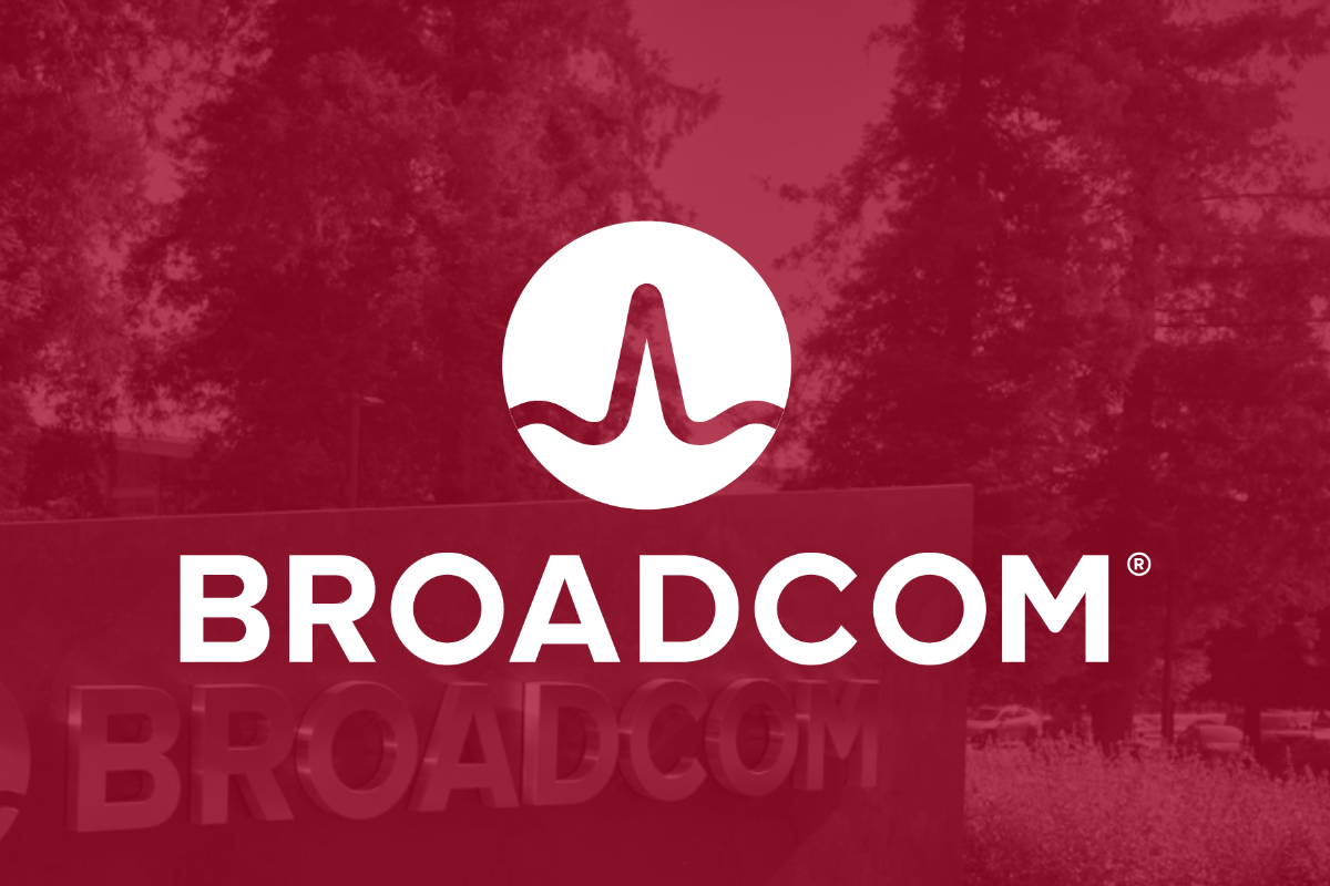 The Broadcom logo superimposed over a picture of the company's sign in front of its headquarters building.