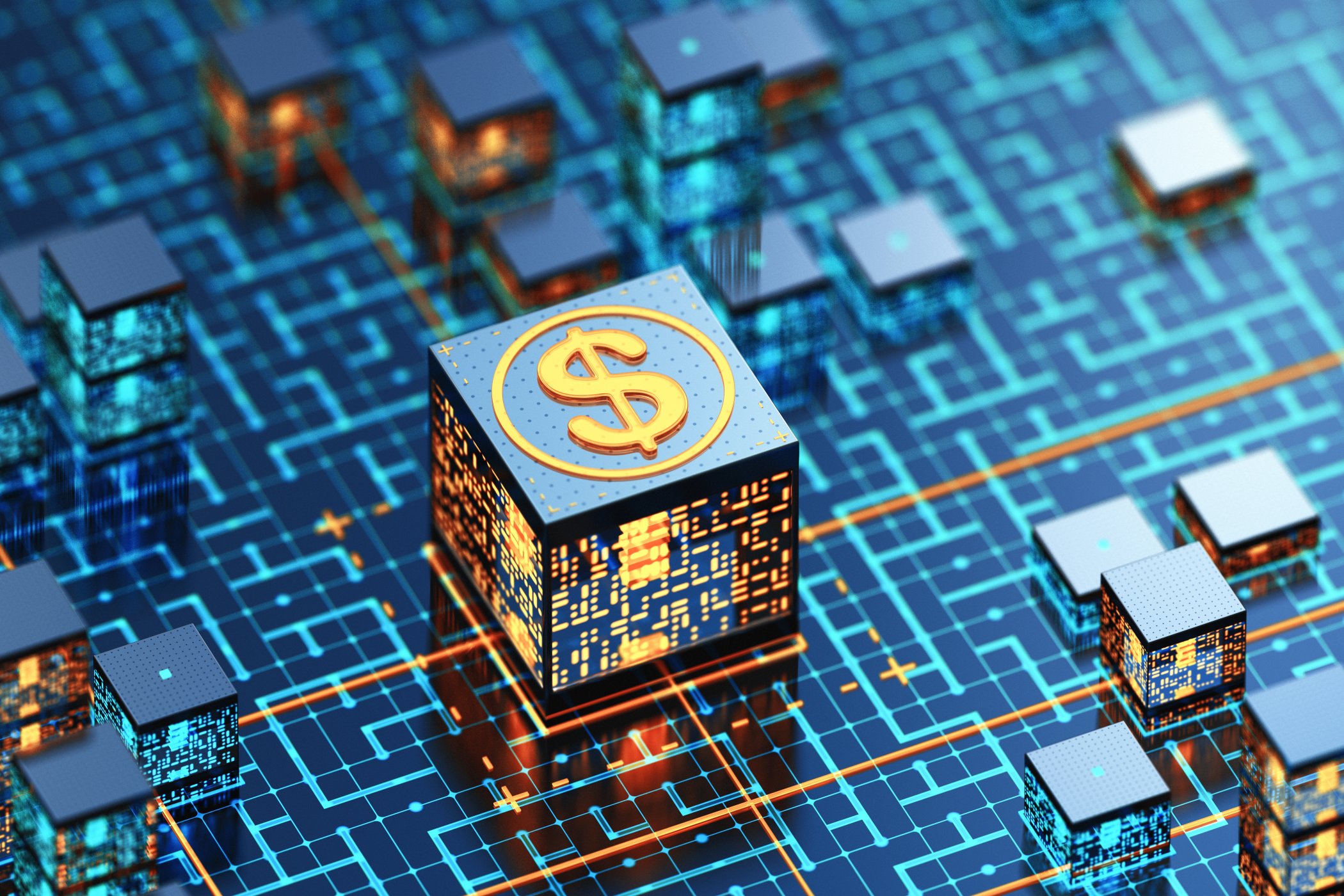 digital money cube placed on a blockchain