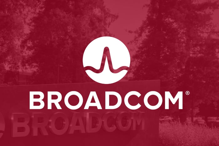 Broadcom logo on red background.