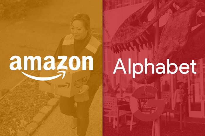 Logo of Amazon on an orange background next to Alphabet's logo on a red background.