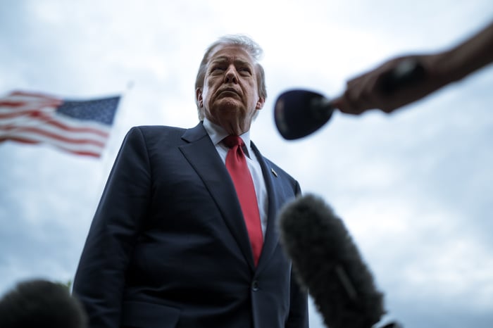 Donald Trump speaking to the press from the South Lawn of the White House.