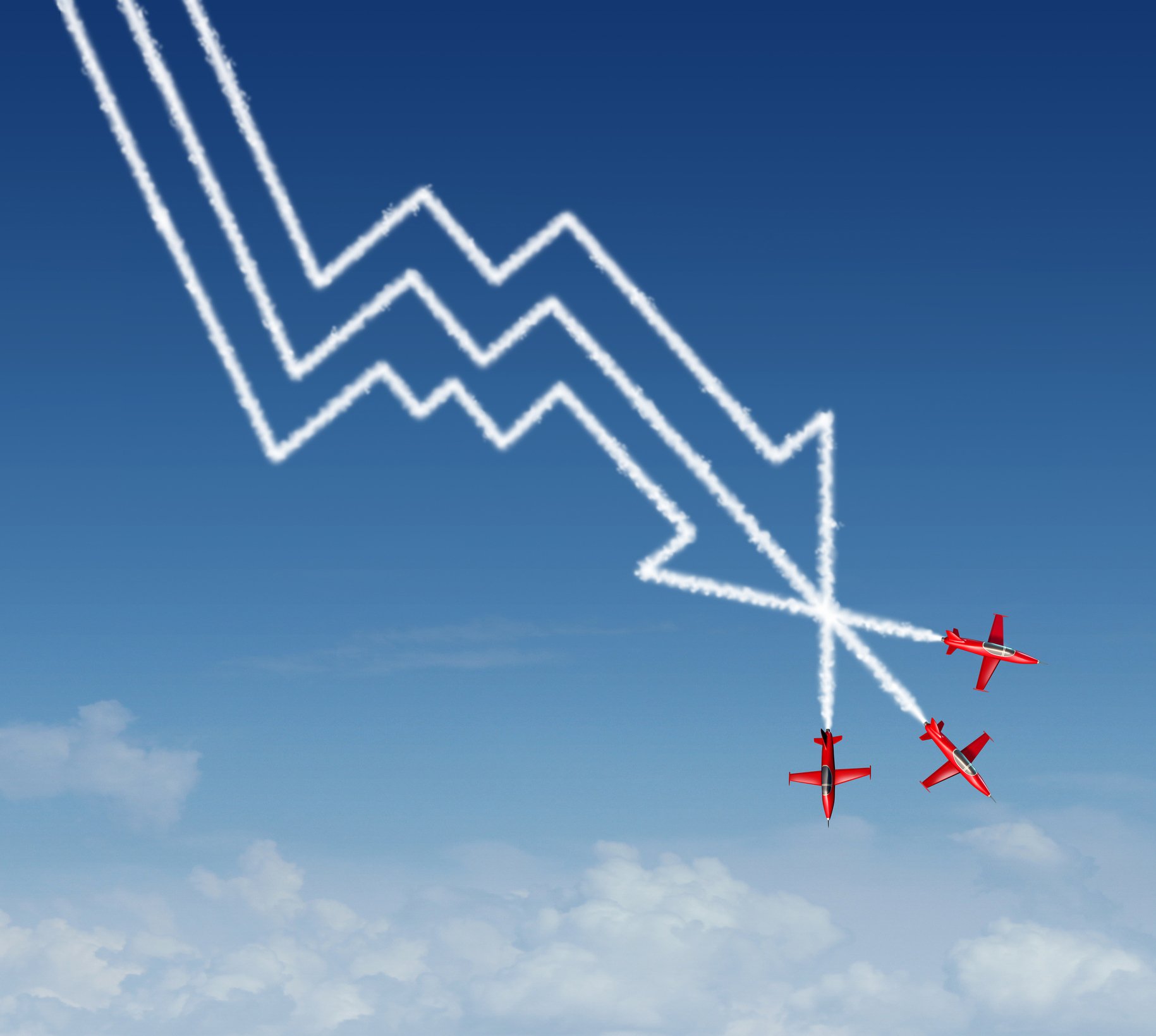 3 red airplanes leaving contrails pointing down.