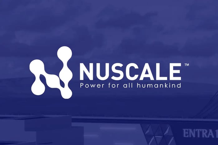 NuScale logo against a blue background.