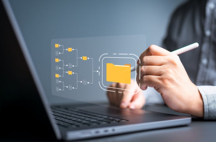 An image of a workflow chart on a laptop.