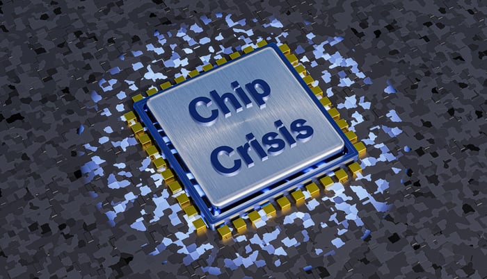 The words Chip Crisis on a square semiconductor. 