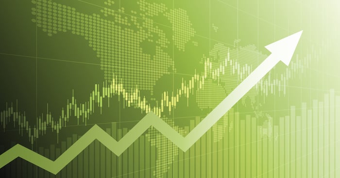 A green stock chart with a stock price rising.