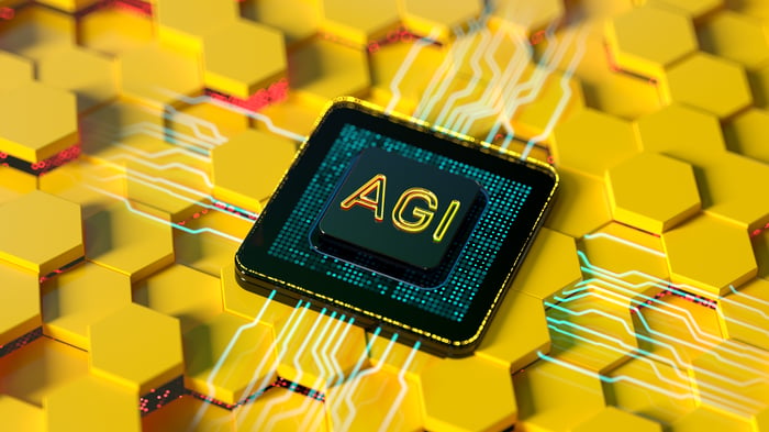 A computer chip with AGI printed on it. 