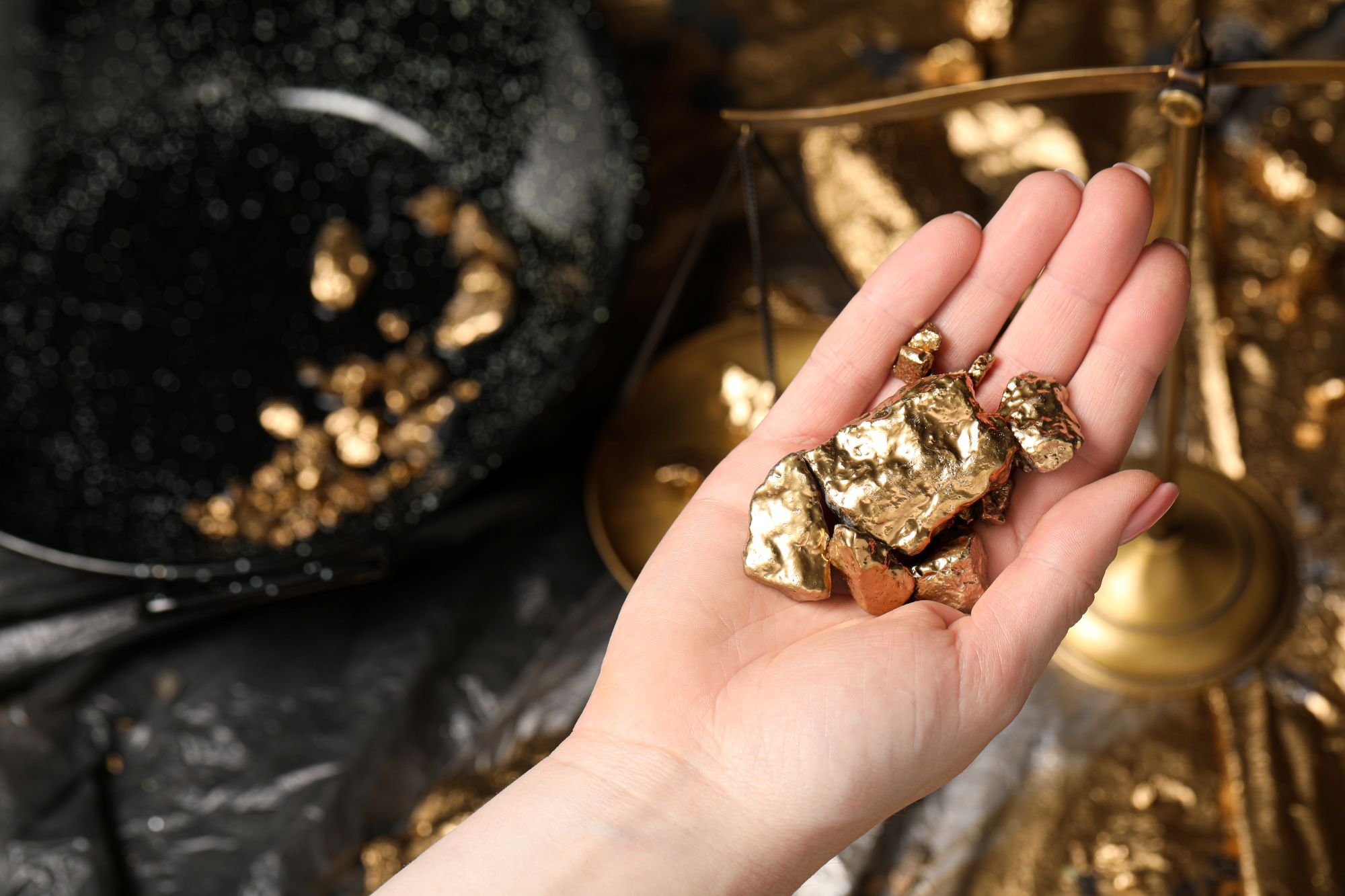 A person holds several raw gold nuggets in their open palm.