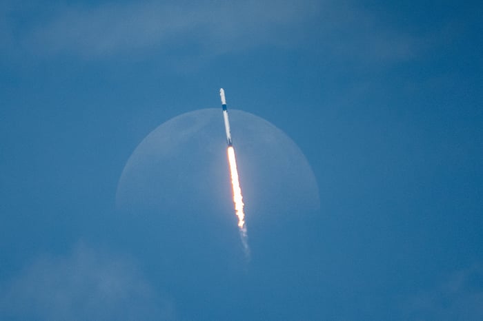 A rocket in flight.