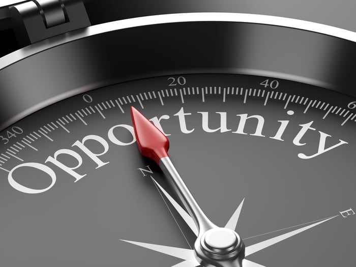 A compass with "Opportunity" printed on it has its dial pointed directly at the word.