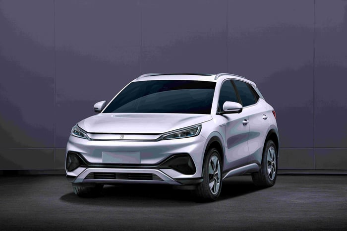 A silver BYD SUV.