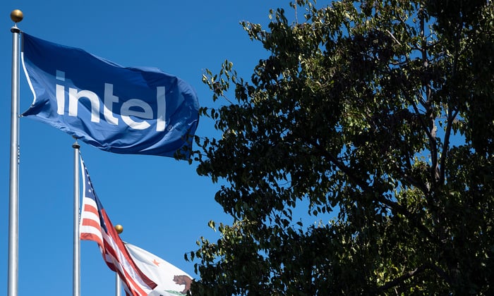 Intel flag hanging in front of the American flag. 