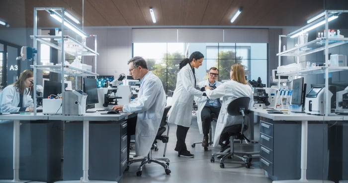 Researchers in a pharmaceutical lab.