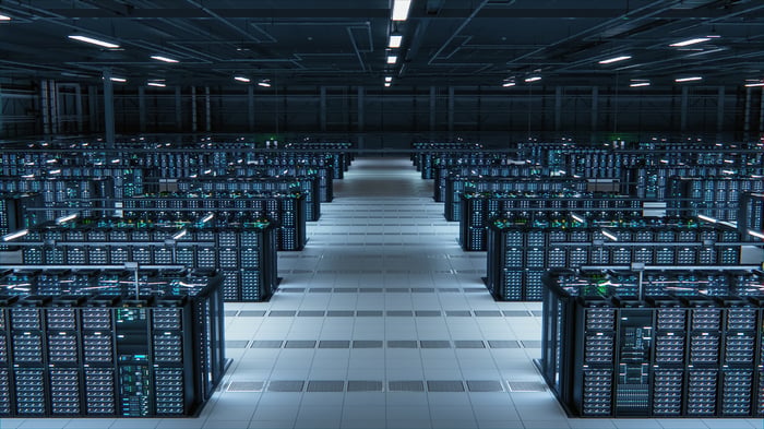 Racks of servers in a data center.