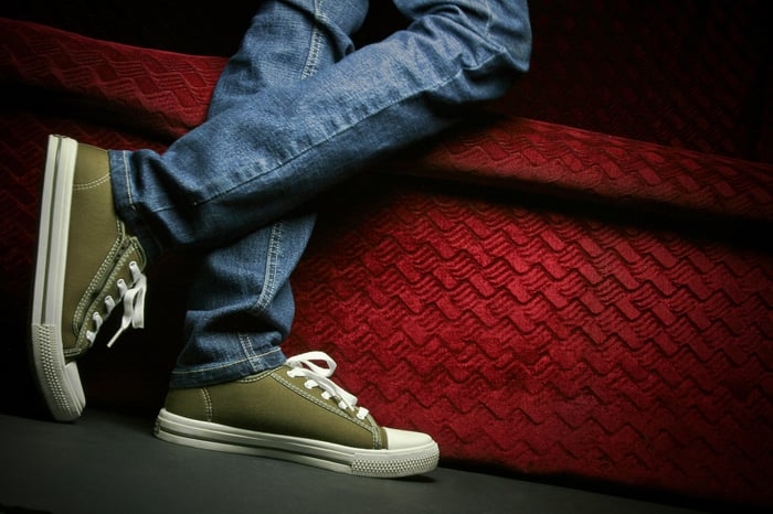 Closeup on a pair of legs dressed in blue jeans.