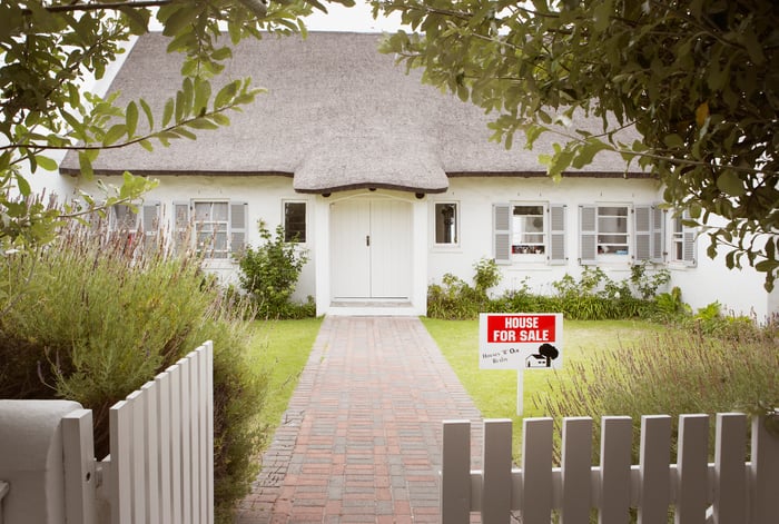 A "For Sale" sign up in front of a house. 