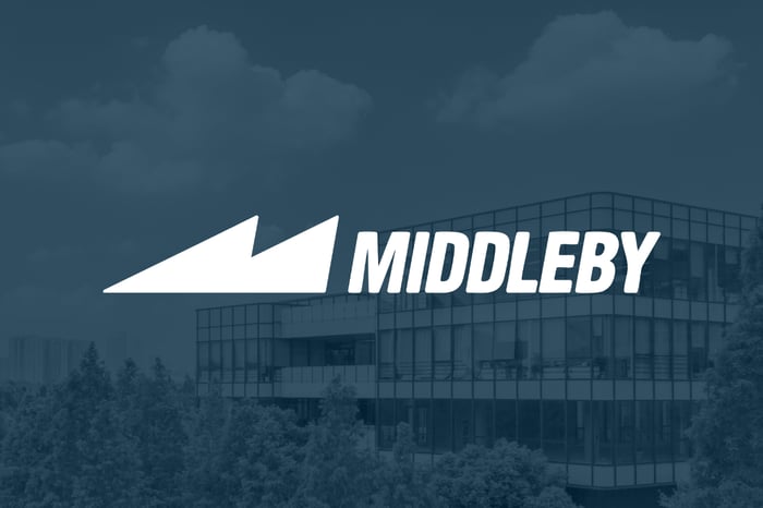 White Middleby logo set over blue shaded view of company headquarters. 