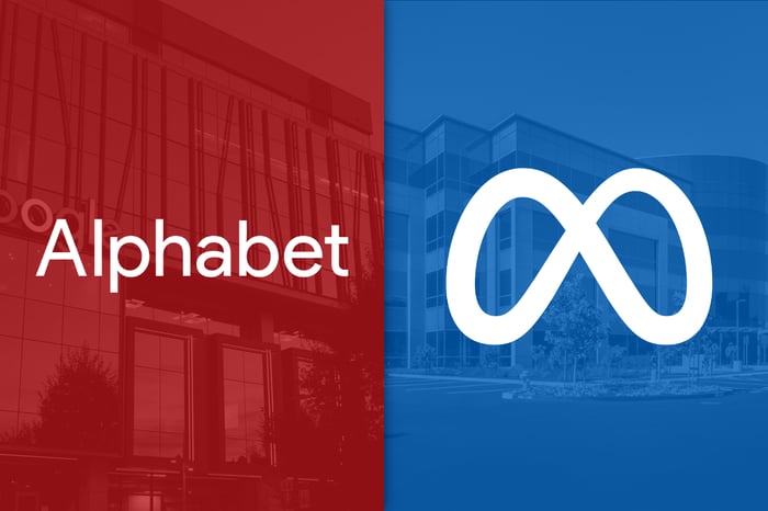 Alphabet's logo on a red background, Meta's logo on a block background with office buildings in the background.