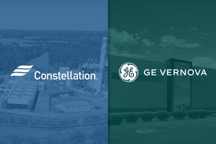 Constellation and GE Vernova logos side-by-side on blue and green backgrounds, respectively.