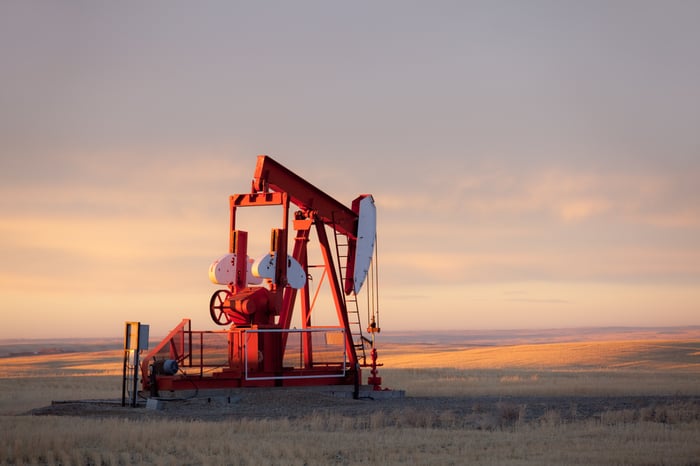 An oil rig in an oil field.